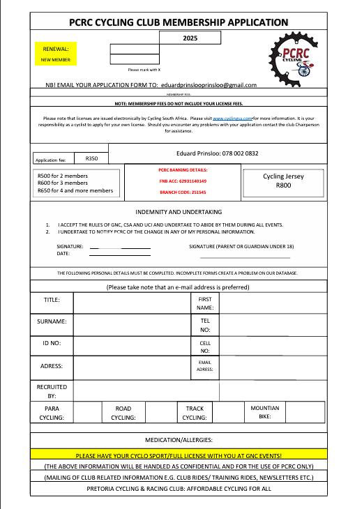 PCRC Membership Application Form Preview